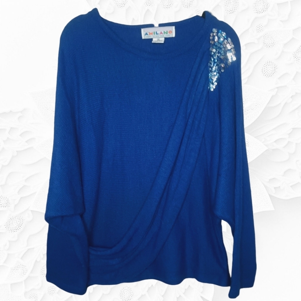 Vintage Blue Long Sleeve Blouse with Front Sweeping Design and Shoulder Sequins